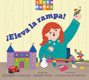 Book cover of '¡Eleva la rampa!' with a girl in a wheelchair playing with toys