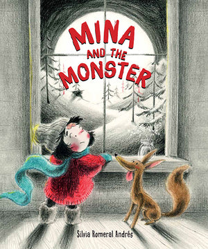 Book cover of 'Mina and the Monster' with a girl and a creature looking out a window.
